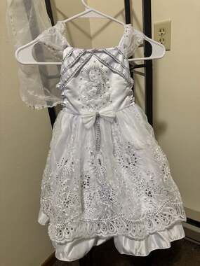 Girls White First Communion Dress with Virgin Mary Embroidery and Veil